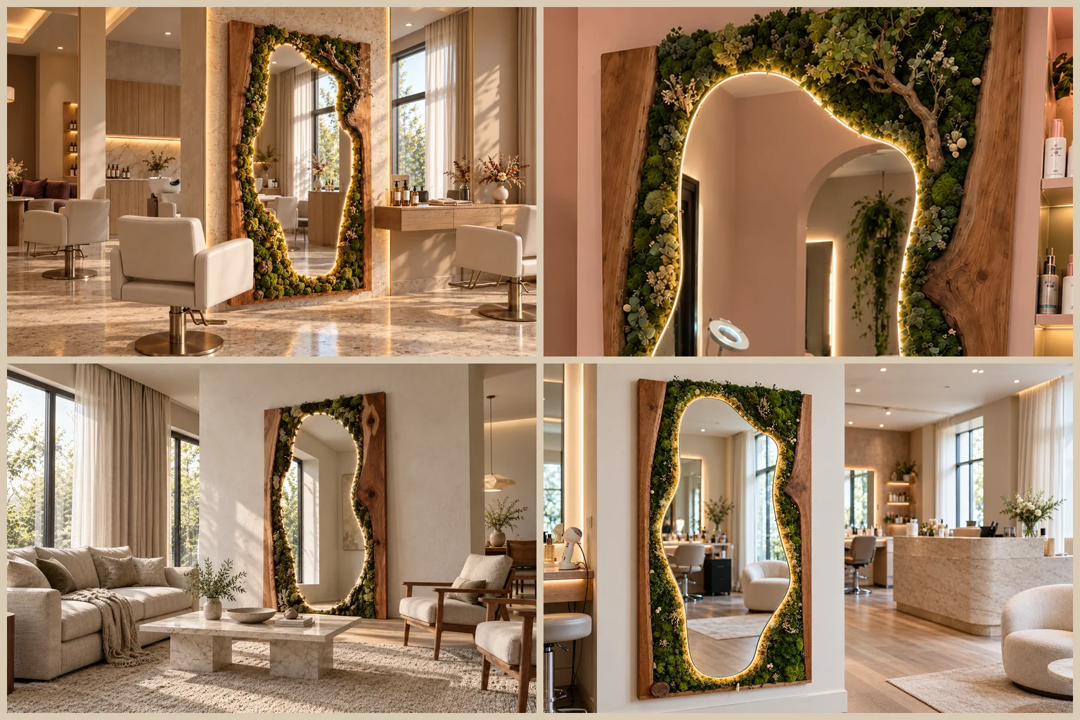 Multiple views of a custom illuminated moss mirror installation