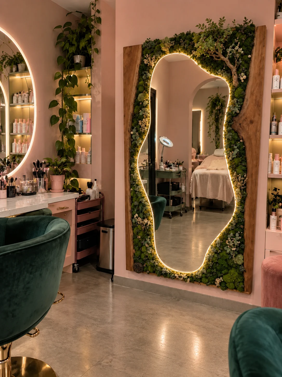 Full-height custom moss mirror installed in a salon