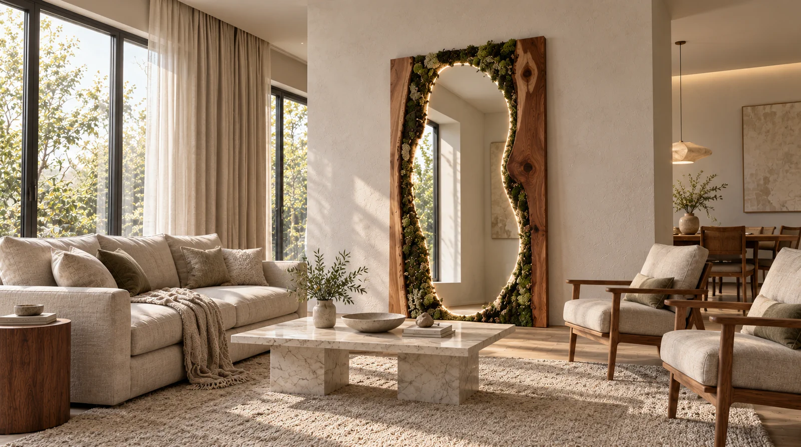 Custom preserved-moss mirror in a neutral residential living room