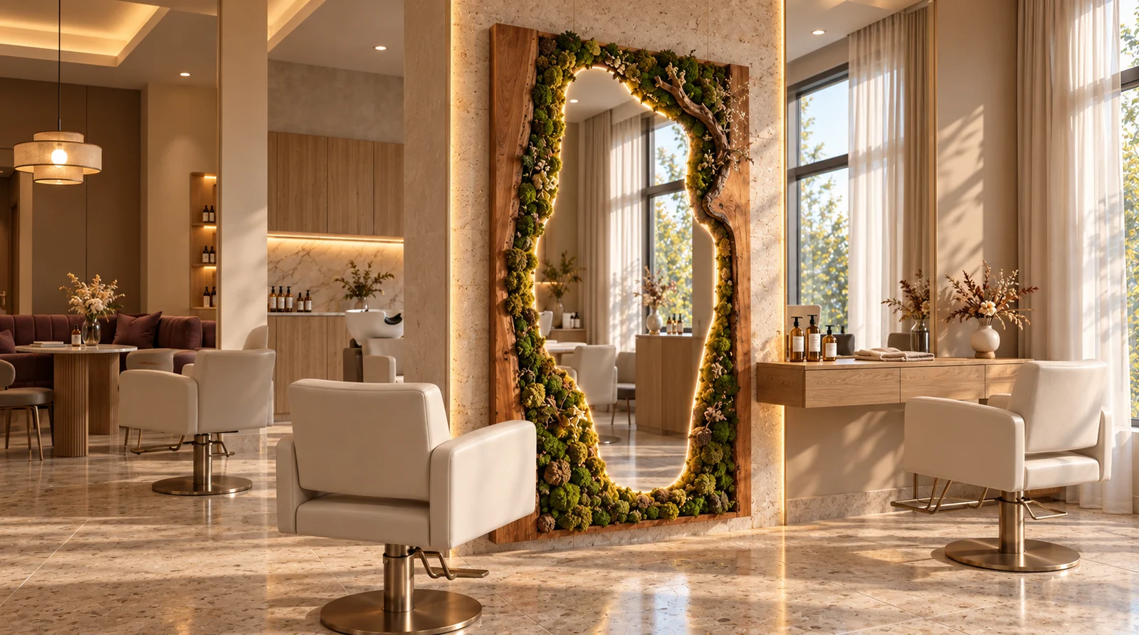 Custom organic mirror framed with preserved moss and natural wood in a salon interior
