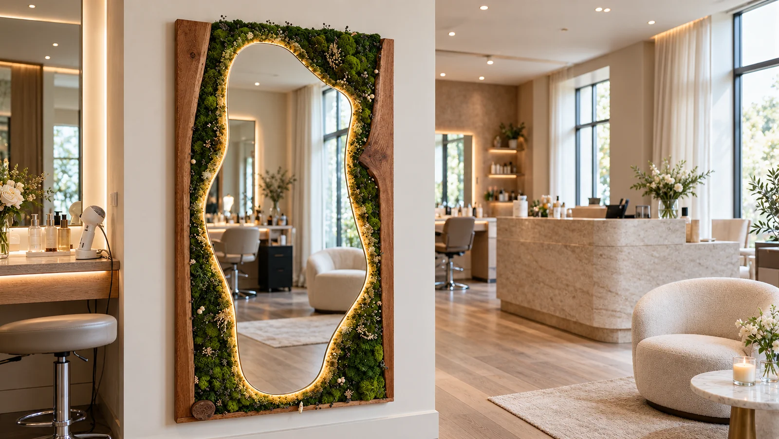 Organic illuminated moss mirror in a bright spa interior