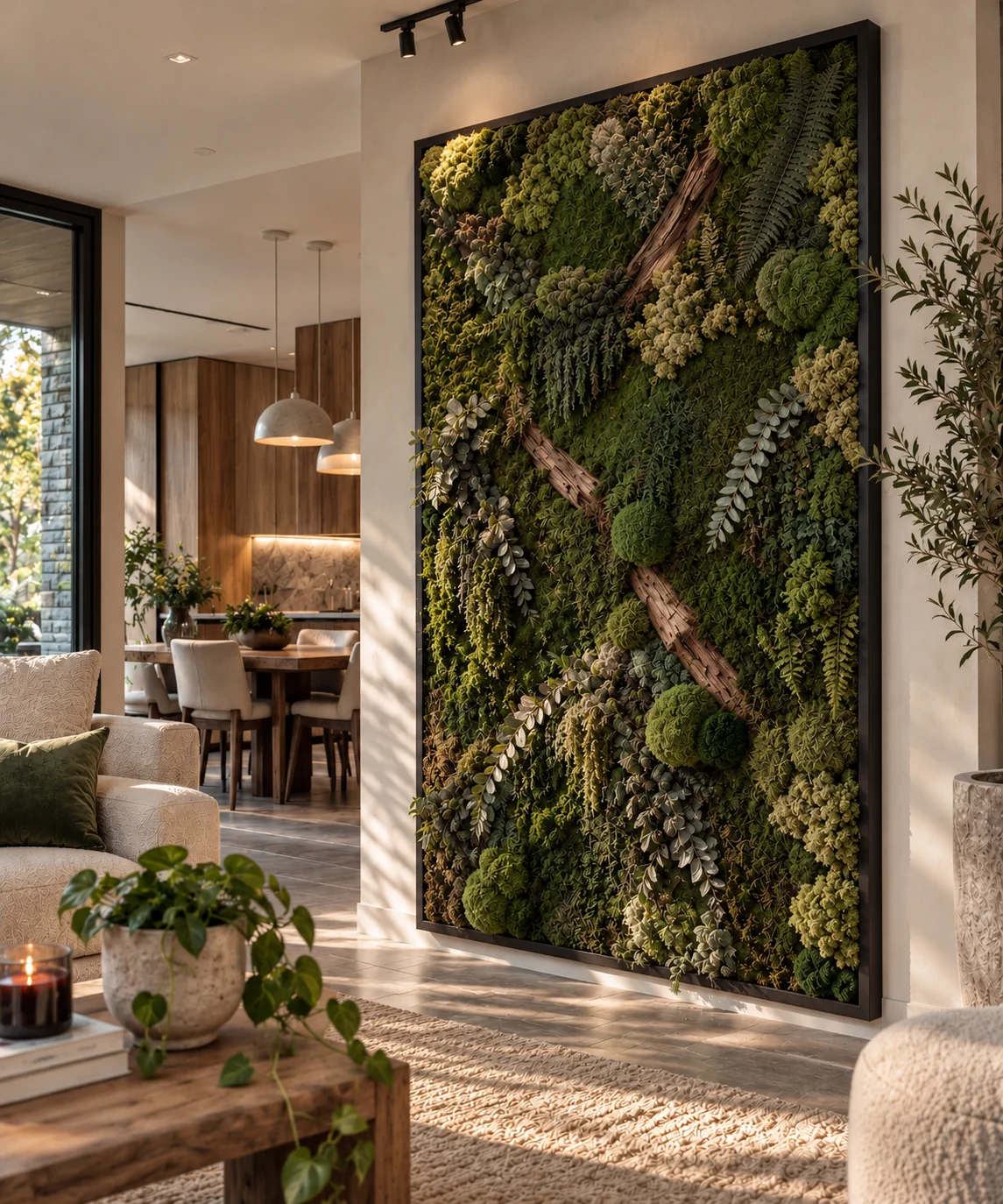 Large framed botanical wall art made with preserved moss