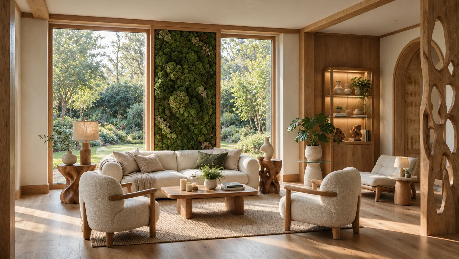 Tall preserved moss inlay framed between living room windows
