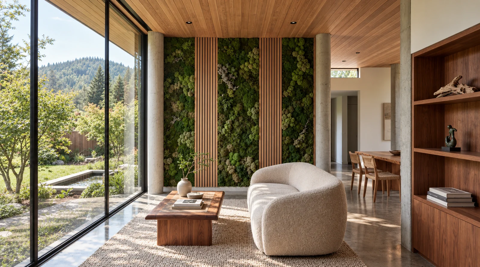 Preserved moss panels integrated between vertical wood slats