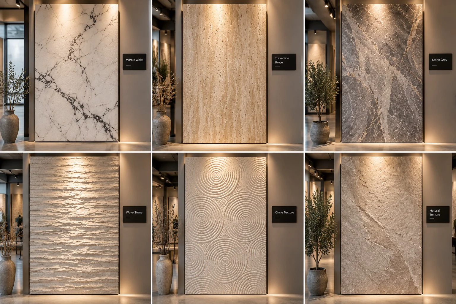 Six natural stone panel colors and relief textures