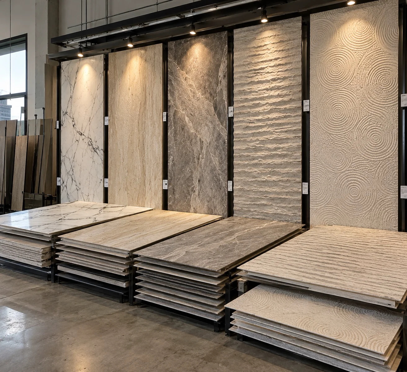 Natural stone panel library with wall-mounted samples and stacked sheets