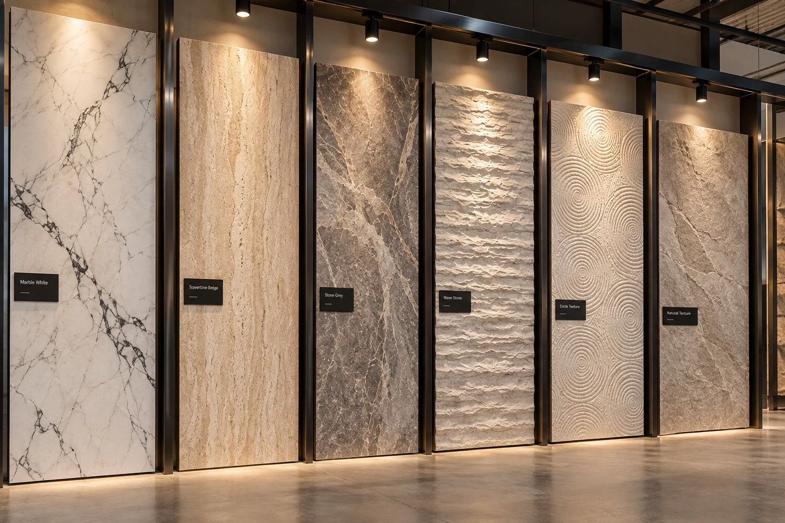 Illuminated showroom display of lightweight natural stone texture panels
