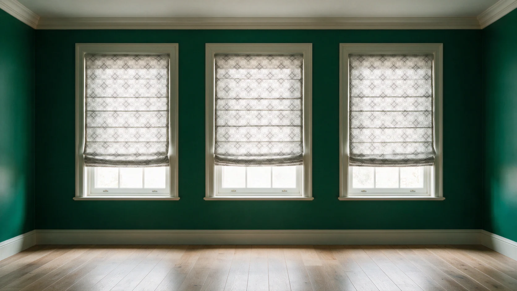 Three custom patterned Roman shades framed by deep green walls