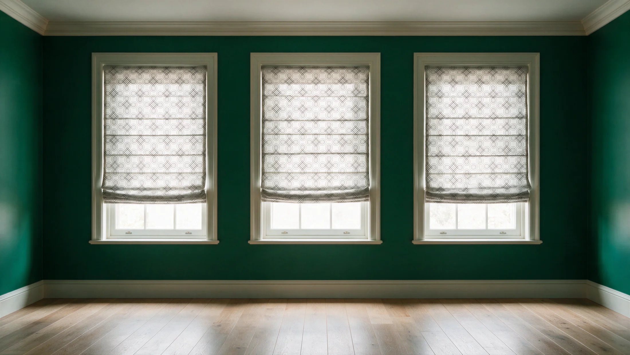 Room with deep green window treatments