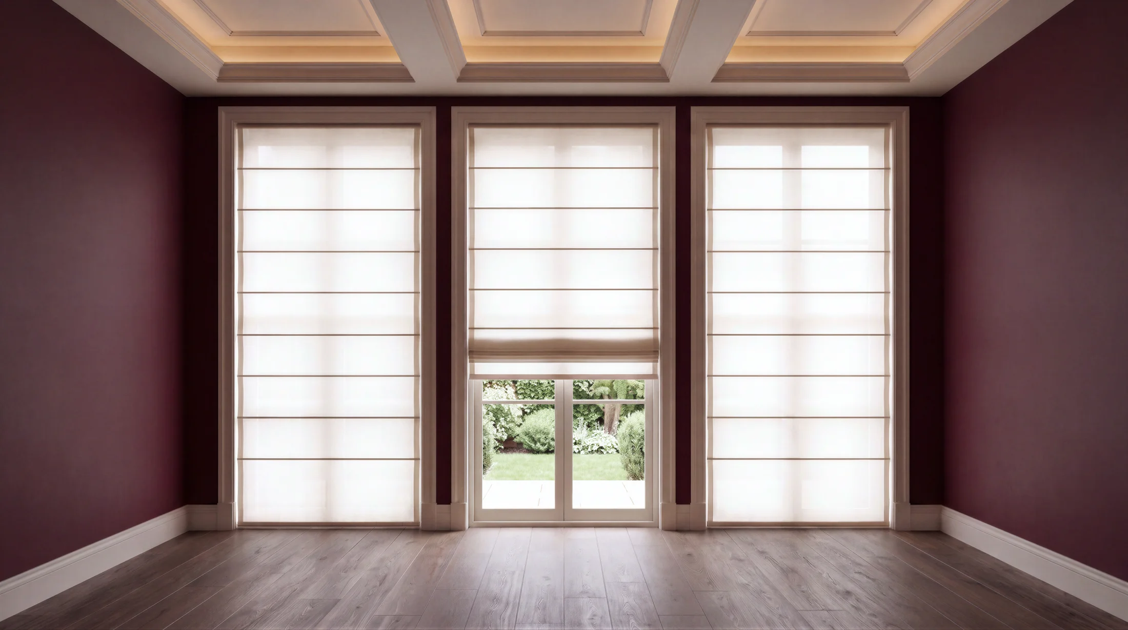 Room with wine-toned window treatments