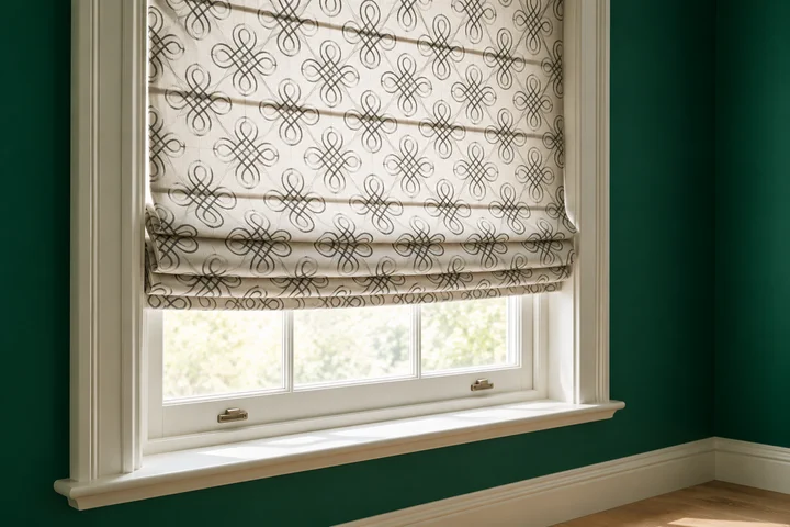 Close-up of a custom patterned Roman shade in an emerald green interior